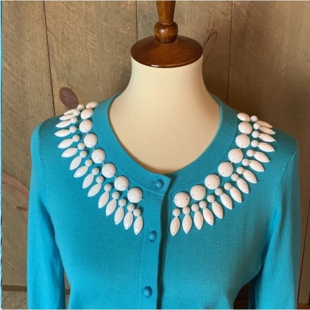 Kate Spade Blue Dive in cardigan sweater with bead embellishment
